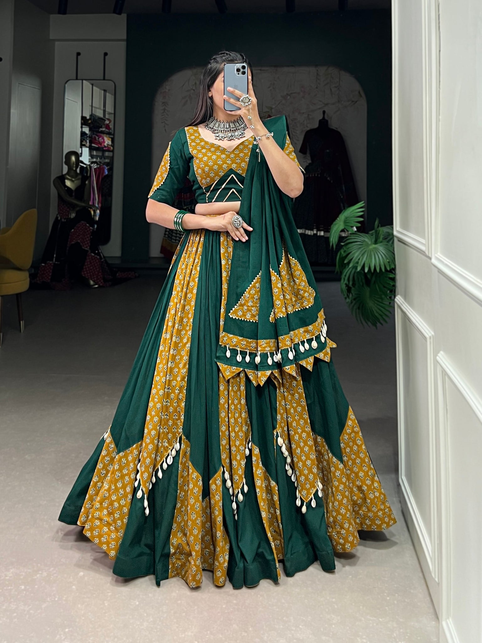 Mustard And Green Color Cotton Printed Navratri Lehenga Choli