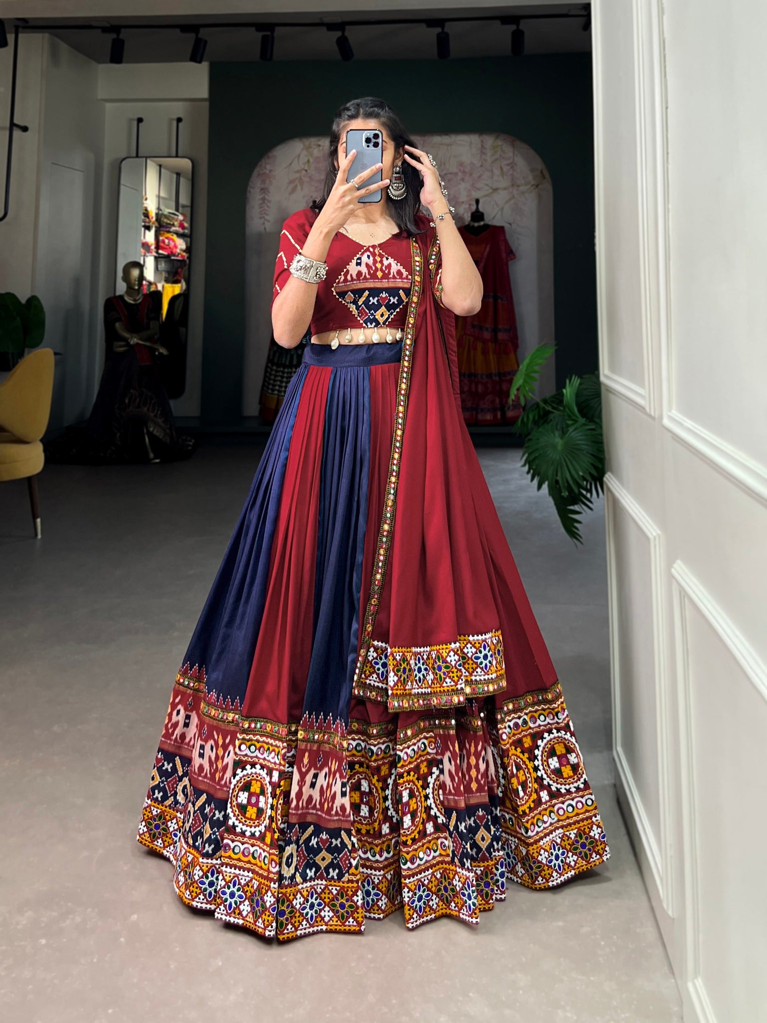 Navy Blue Color Rayon Printed Navratri Lehenga Choli