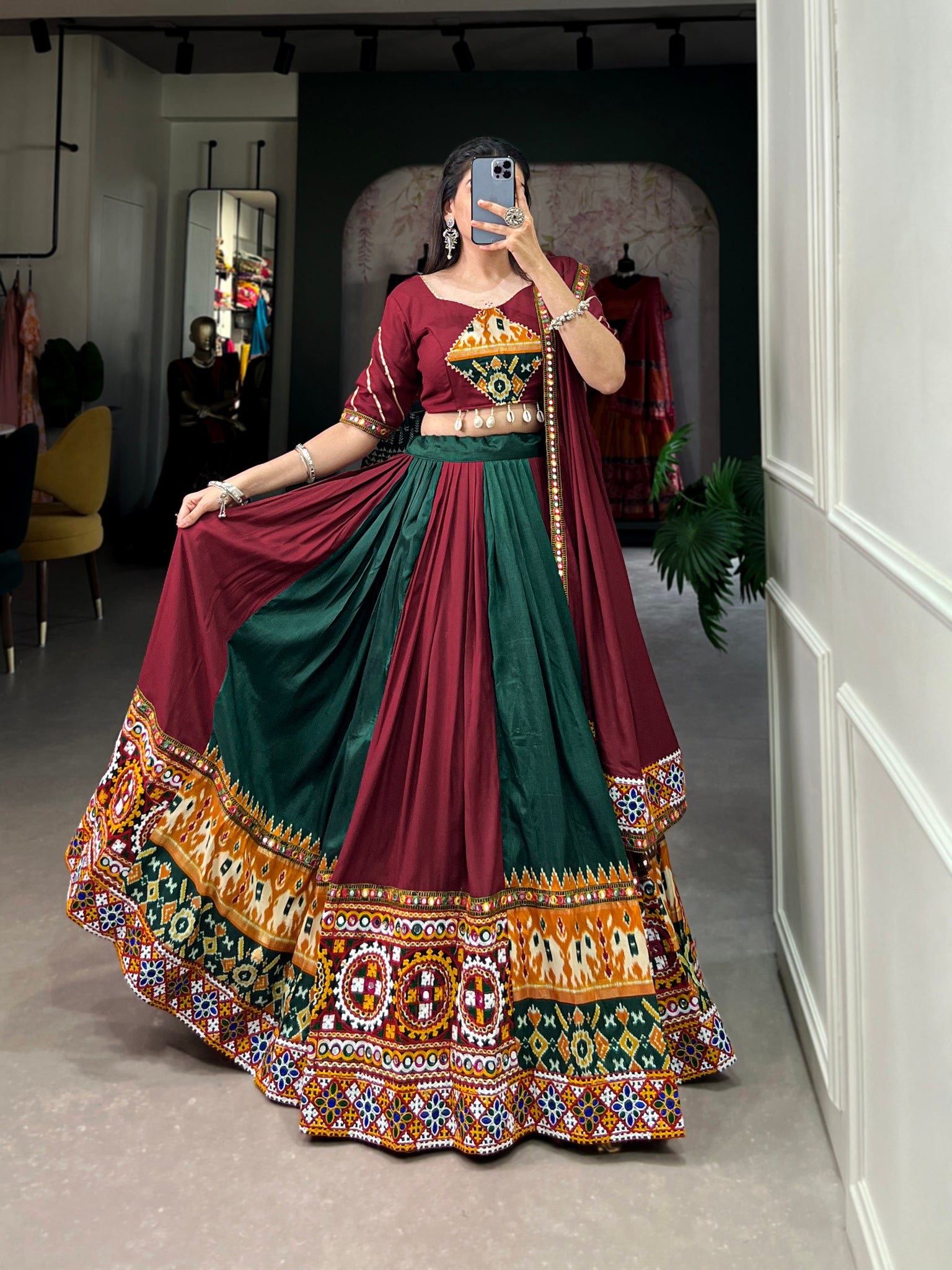 Green Color Rayon Printed Navratri Lehenga Choli