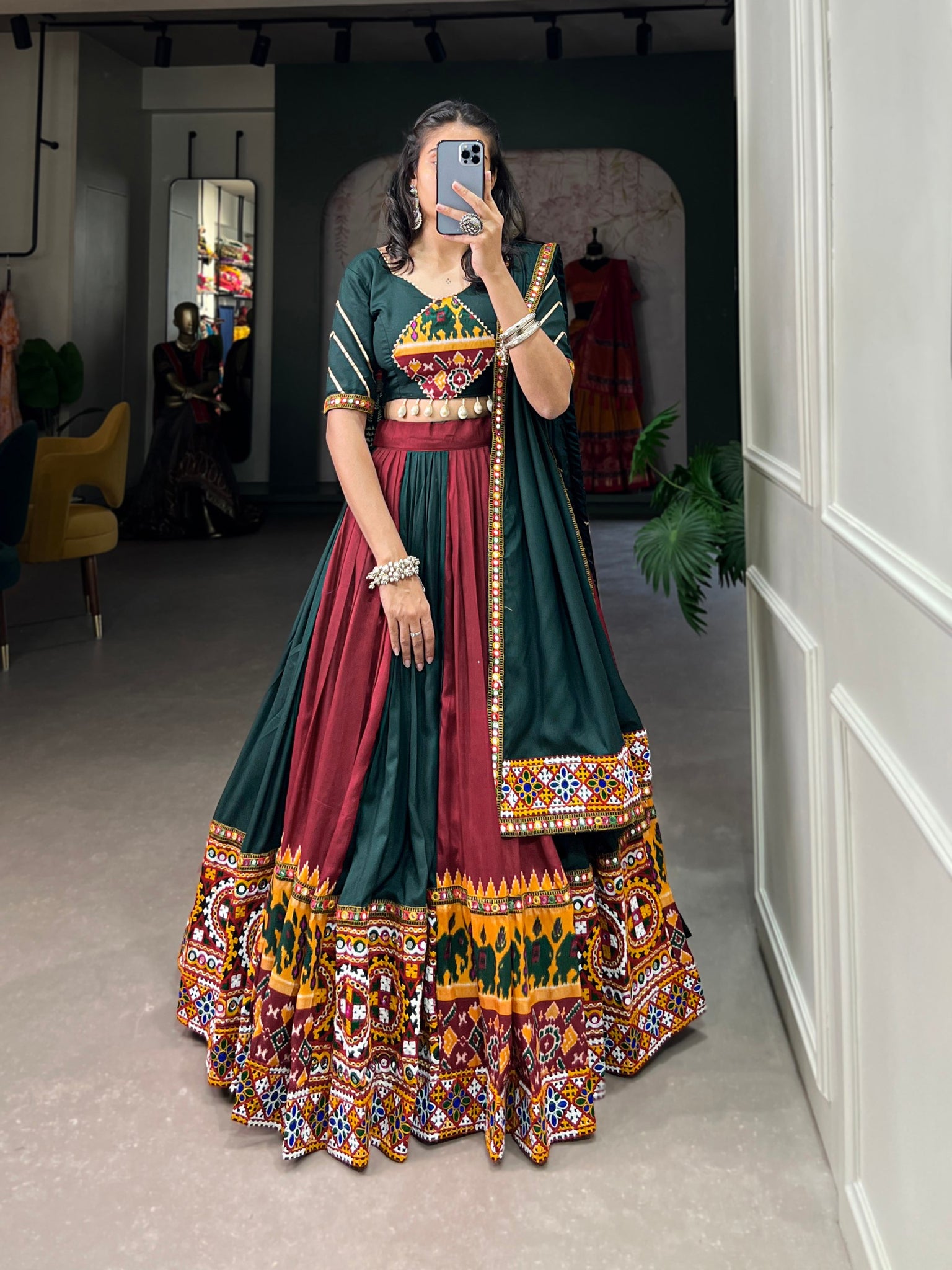 Green Color Rayon Printed Navratri Lehenga Choli