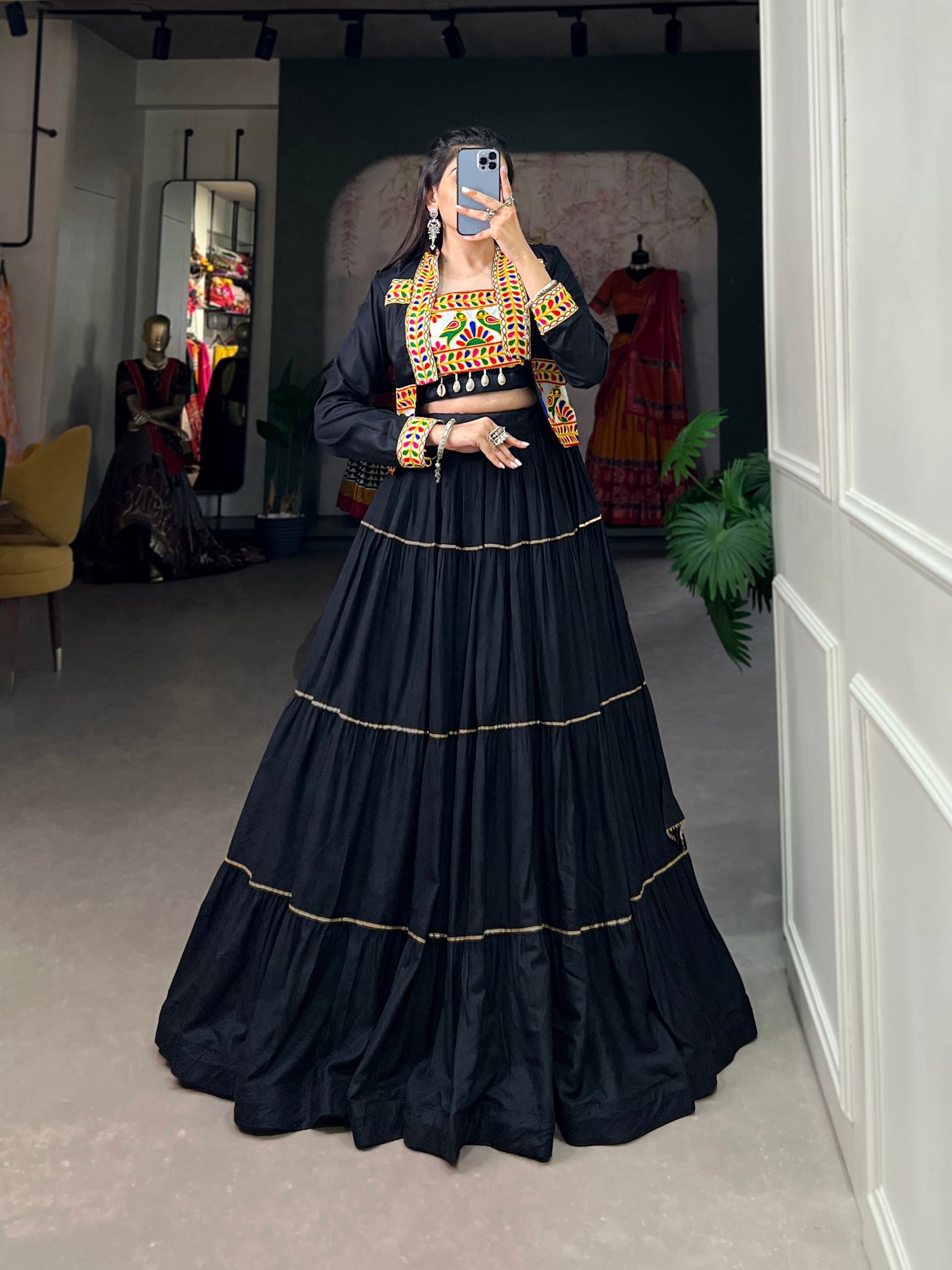 Black Color Pure Rayon Gamthi Navratri Lehenga Choli