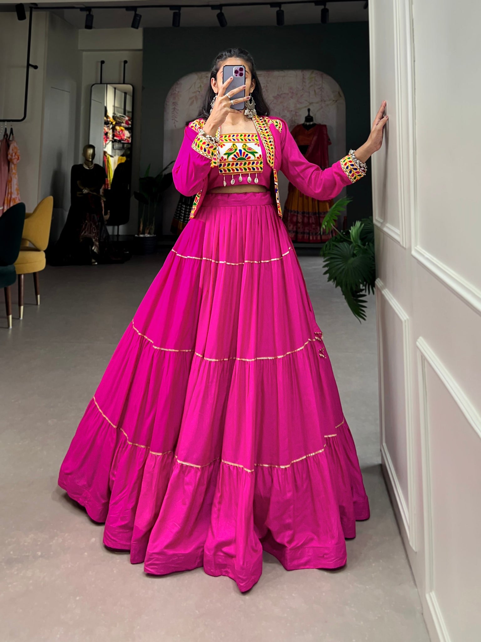 Pink Color Pure Rayon Gamthi Navratri Lehenga Choli