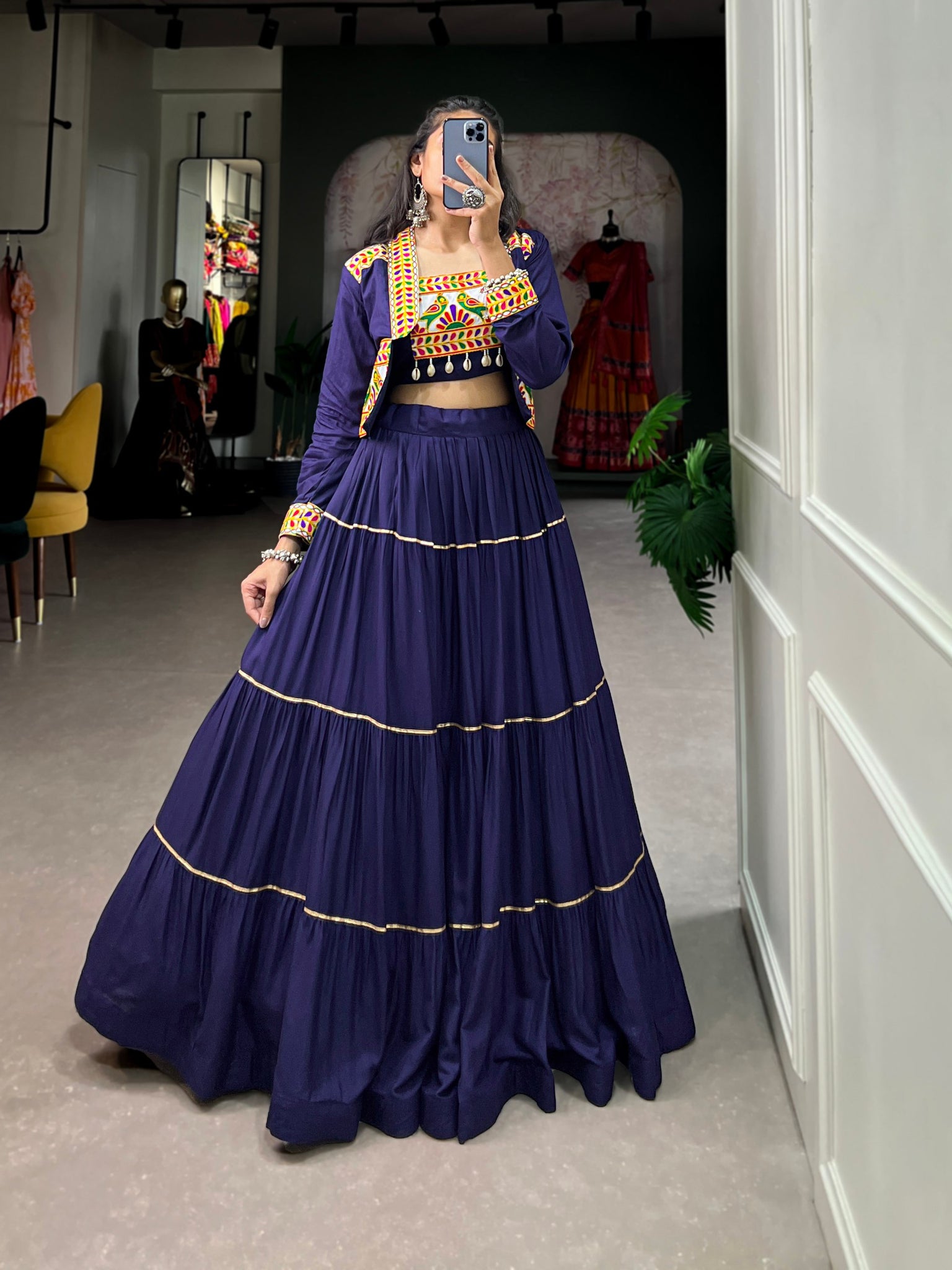 Navy Blue Color Pure Rayon Gamthi Navratri Lehenga Choli