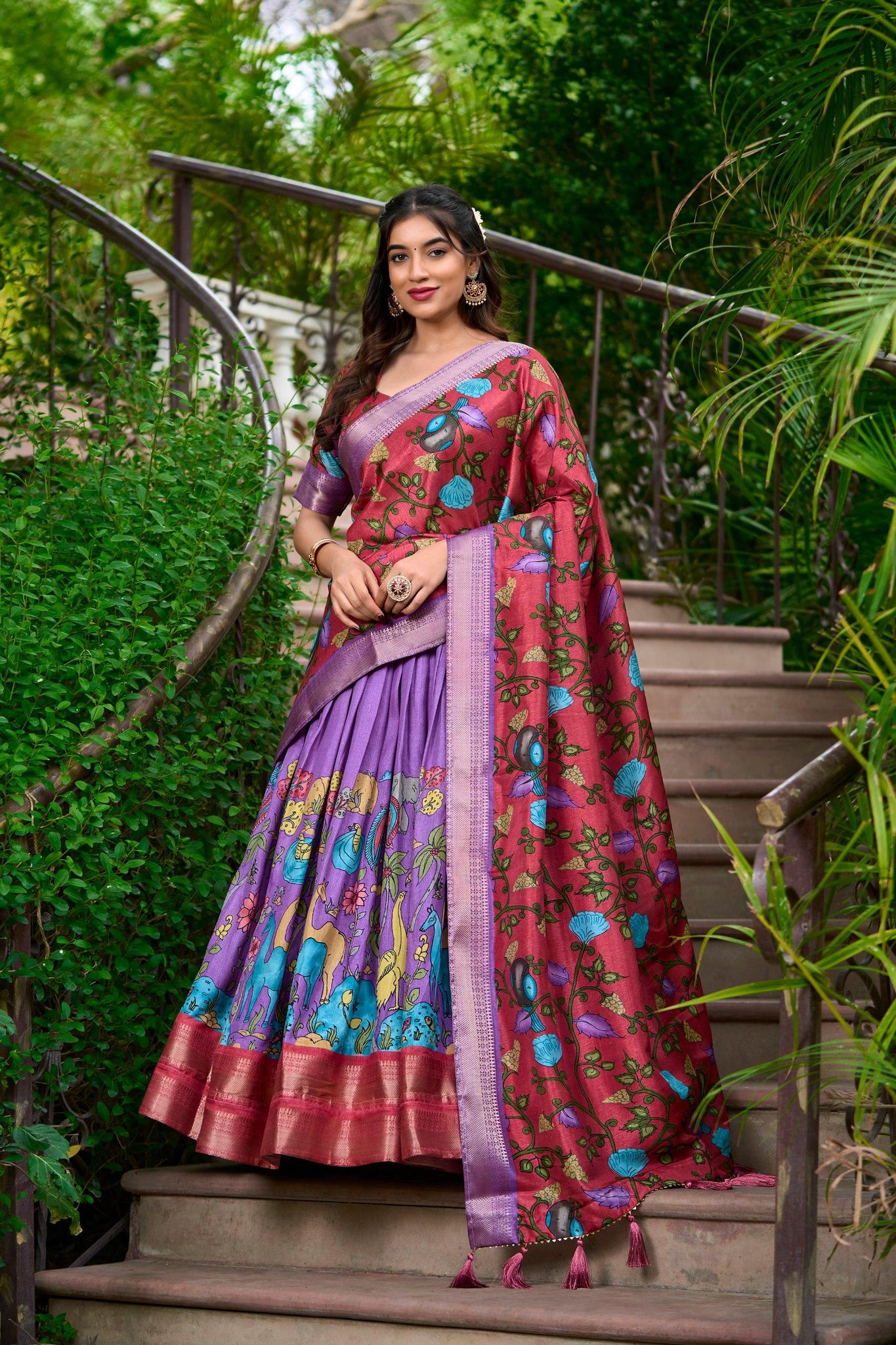 Lavender Color Kalamkari Print With Zari Weaving Dola Silk Voni Lehenga Choli