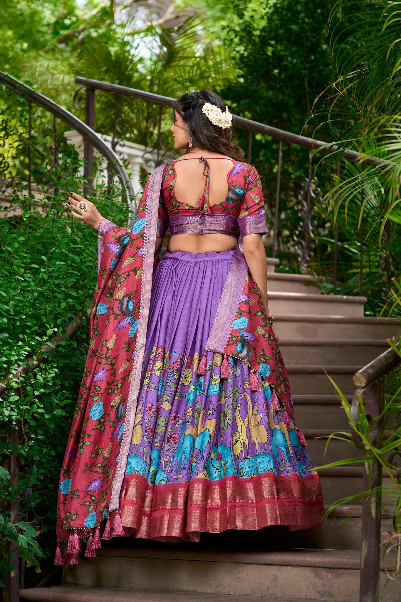 Lavender Color Kalamkari Print With Zari Weaving Dola Silk Voni Lehenga Choli