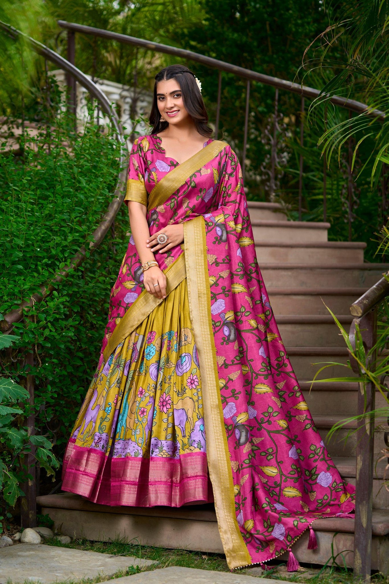 Mustard Color Kalamkari Print With Zari Weaving Dola Silk Pattu Lehenga Choli