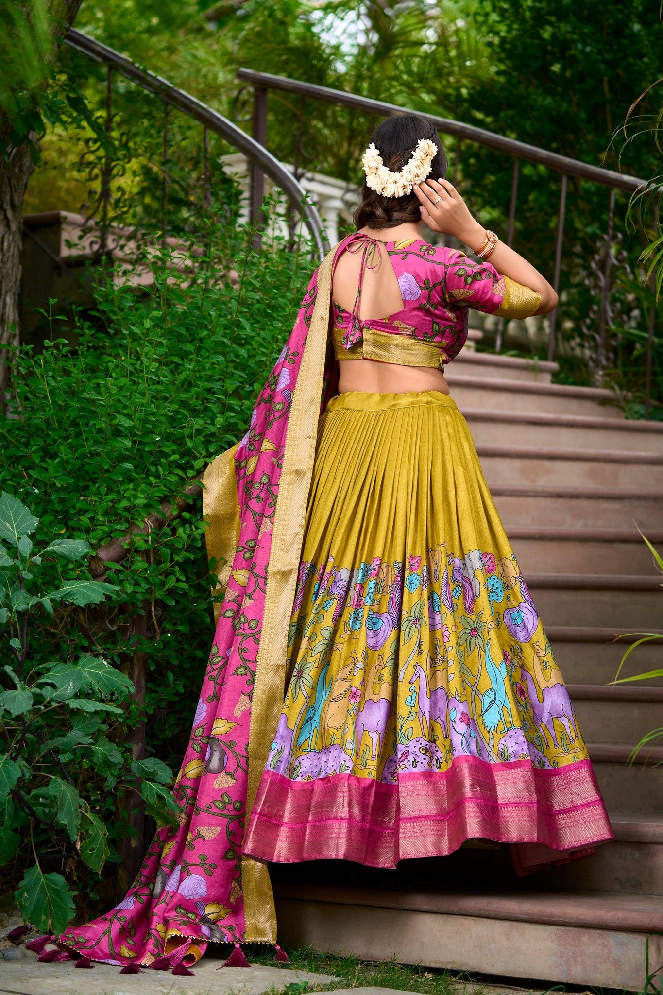 Mustard Color Kalamkari Print With Zari Weaving Dola Silk Pattu Lehenga Choli