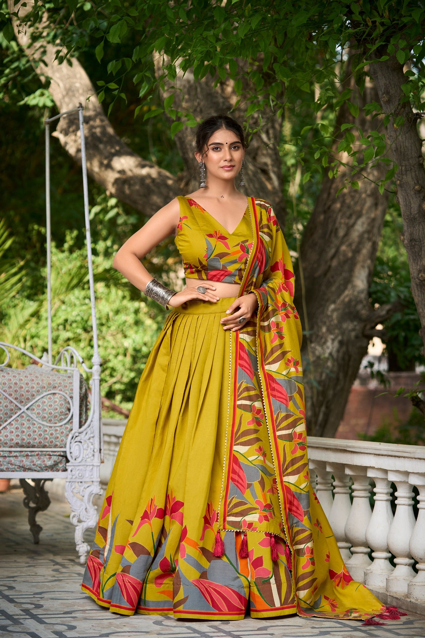 Mustard Color Floral Print With Foil Work Polyester Viscose Chanderi Lehenga Choli