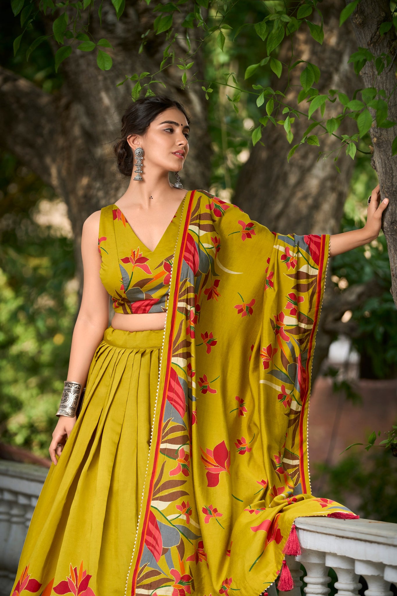 Mustard Color Floral Print With Foil Work Polyester Viscose Chanderi Lehenga Choli