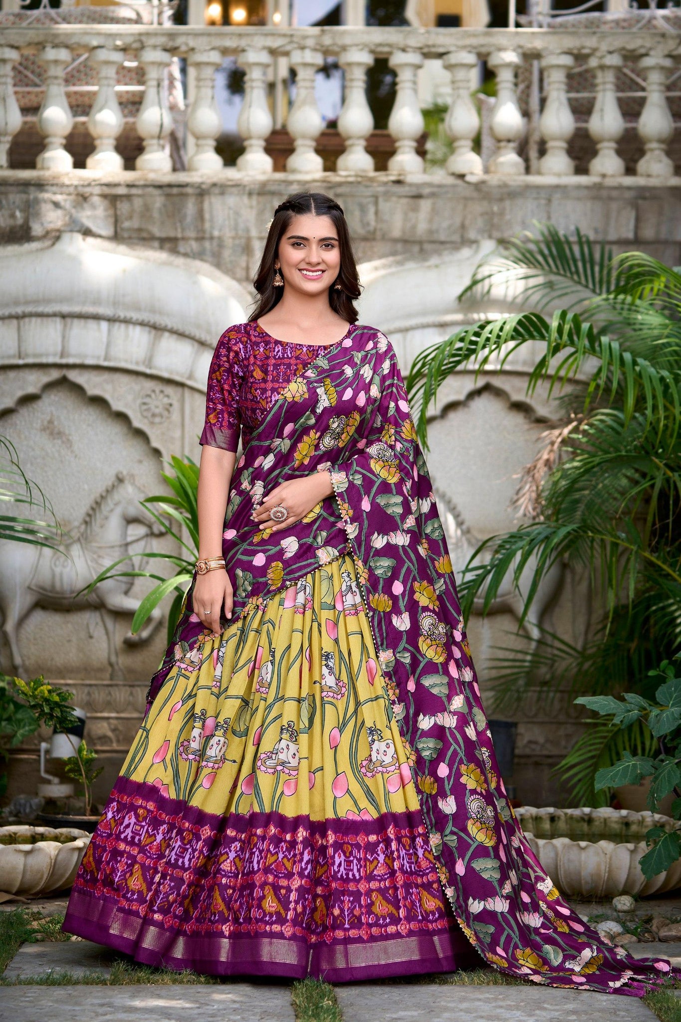 Yellow Color Tussar Silk Patola Printed Lehenga Choli