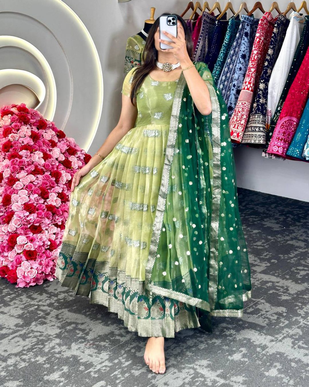 Fabulous Kota Silk Jacquard Green Color Gown With Fancy Koti