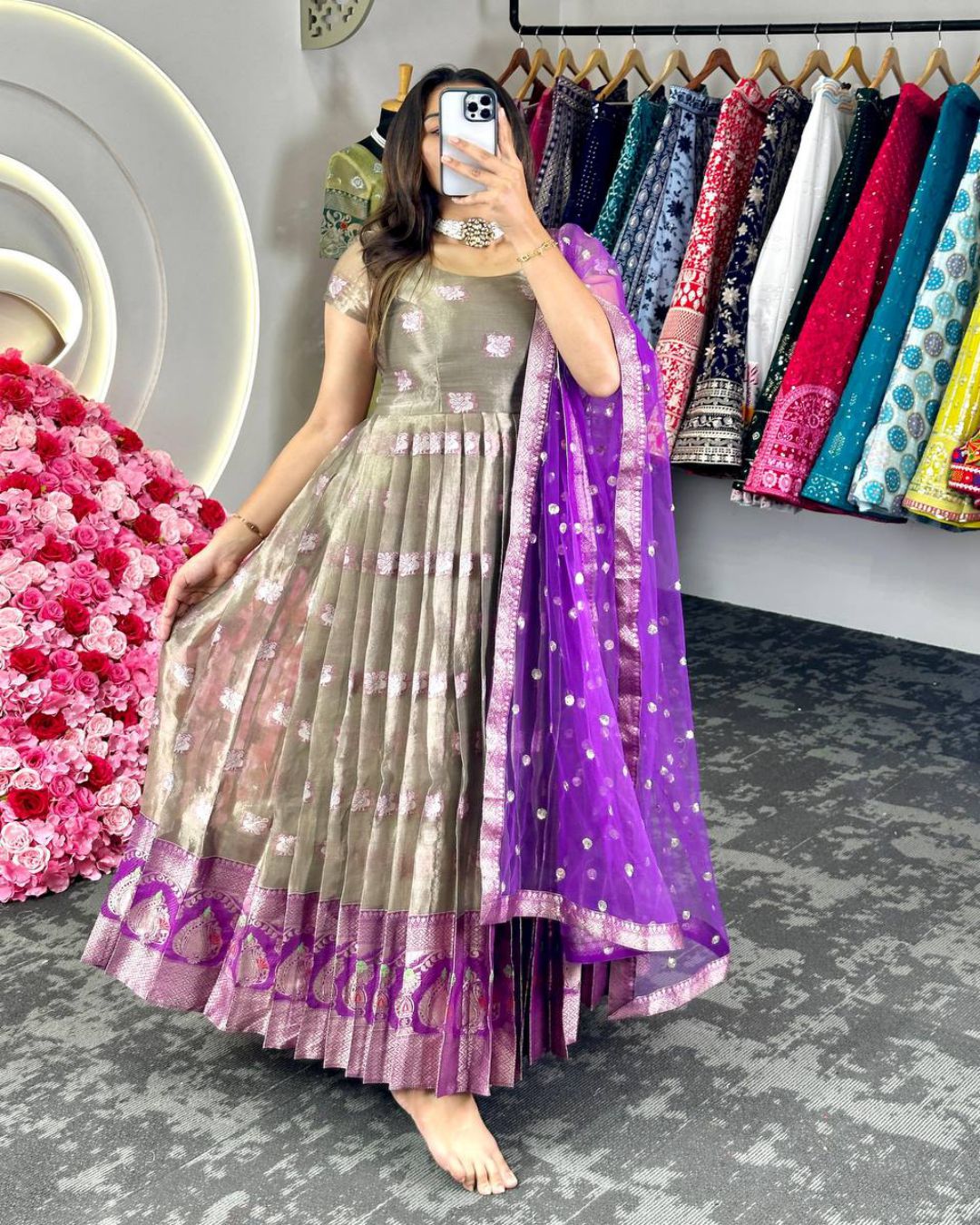 Fabulous Kota Silk Jacquard Purple Color Gown With Fancy Koti