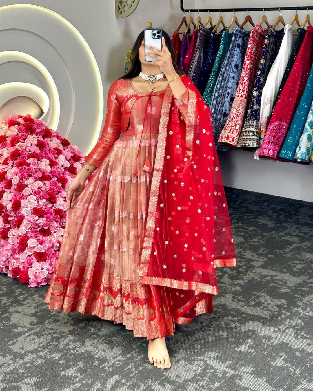 Fabulous Kota Silk Jacquard Red Color Gown With Fancy Koti