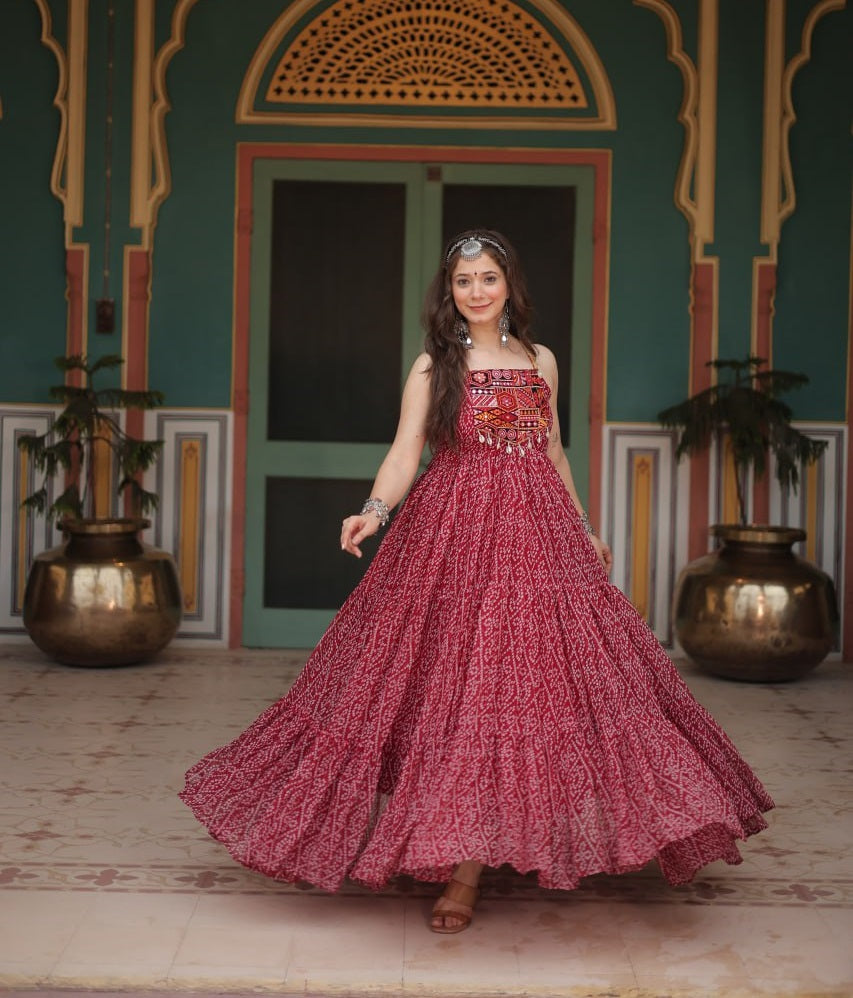 Gorgeous Maroon Bandhani Navratri Gown for a Festive Look