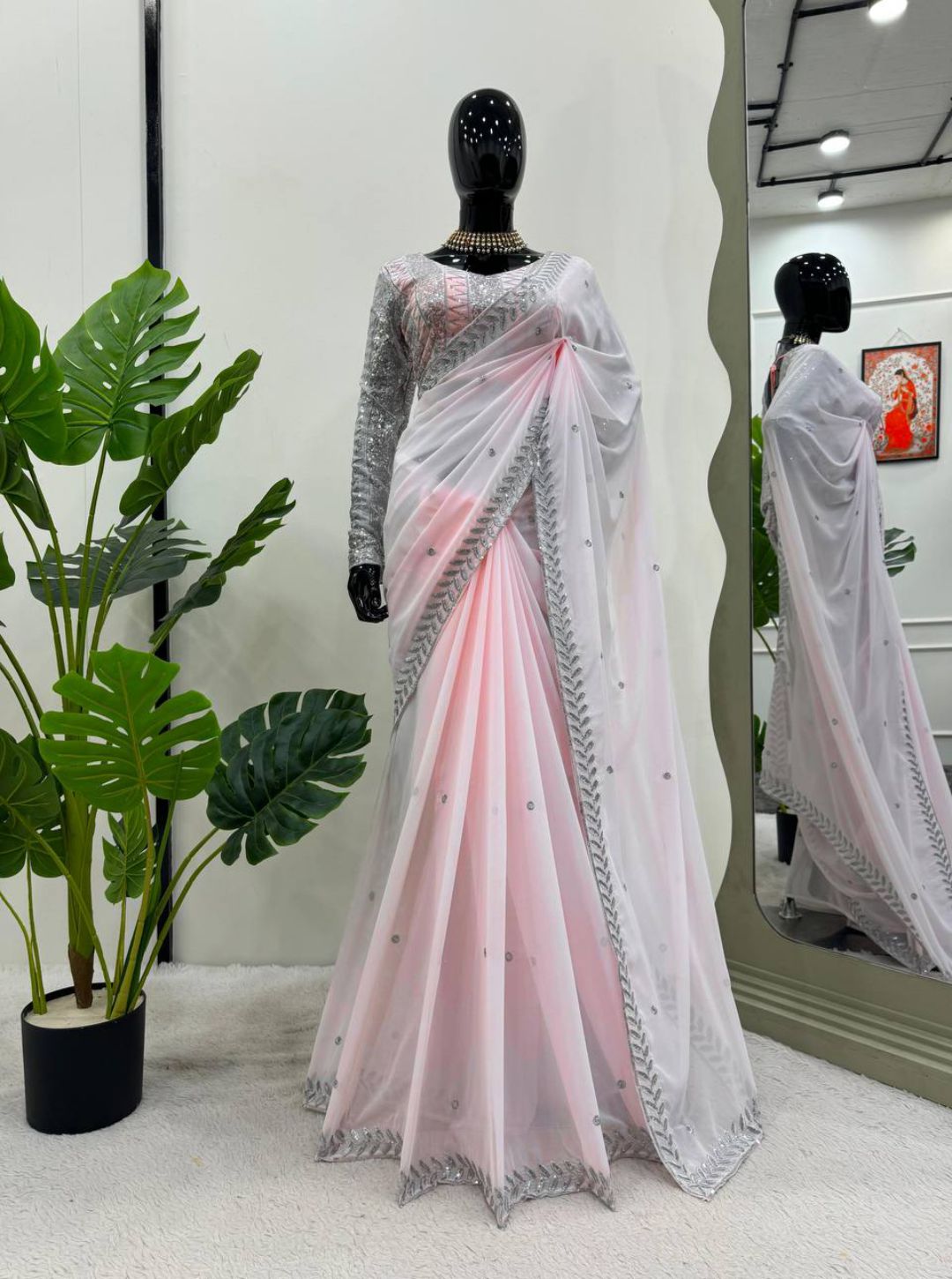 Baby pink georgette thread sequence work girlish designer saree