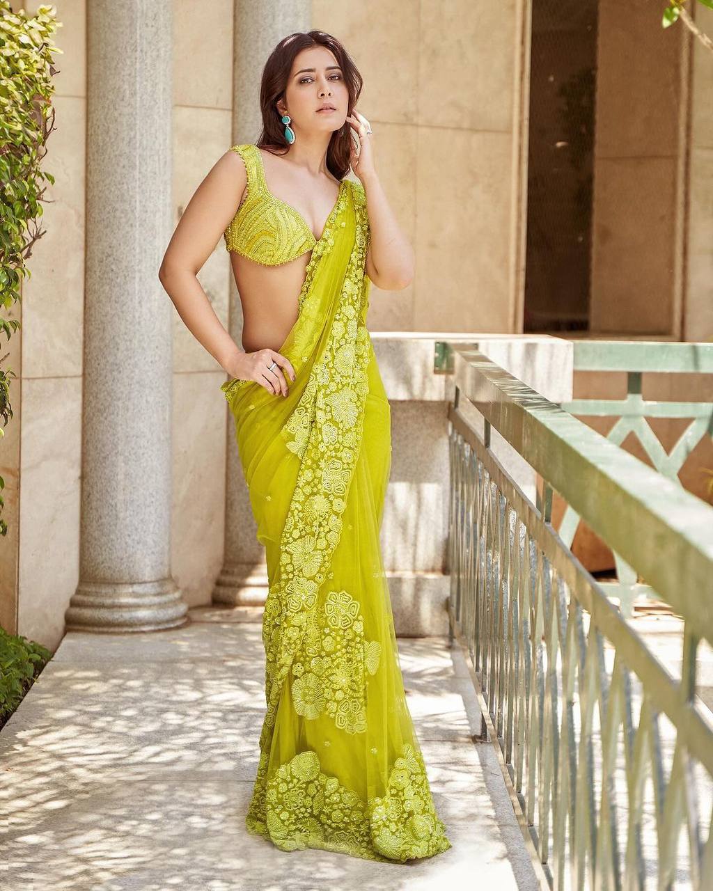 Yellow tibby silk heavy work designer ceremonial bollywood saree