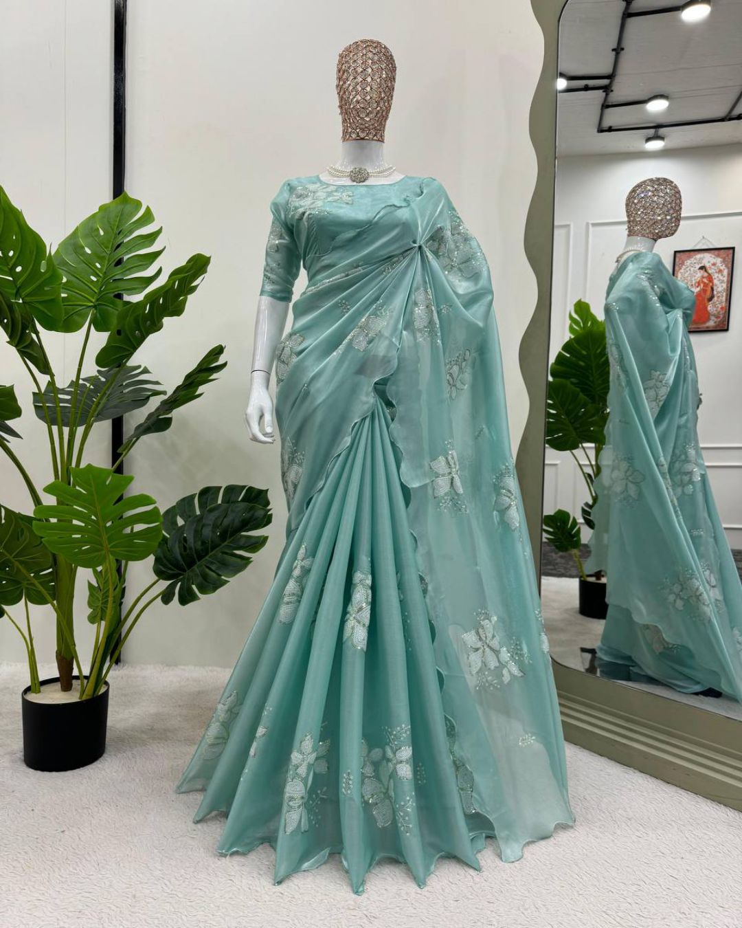 Sea Blue Designer Saree on Jimmy chu Febric with Thred & Sequnce work