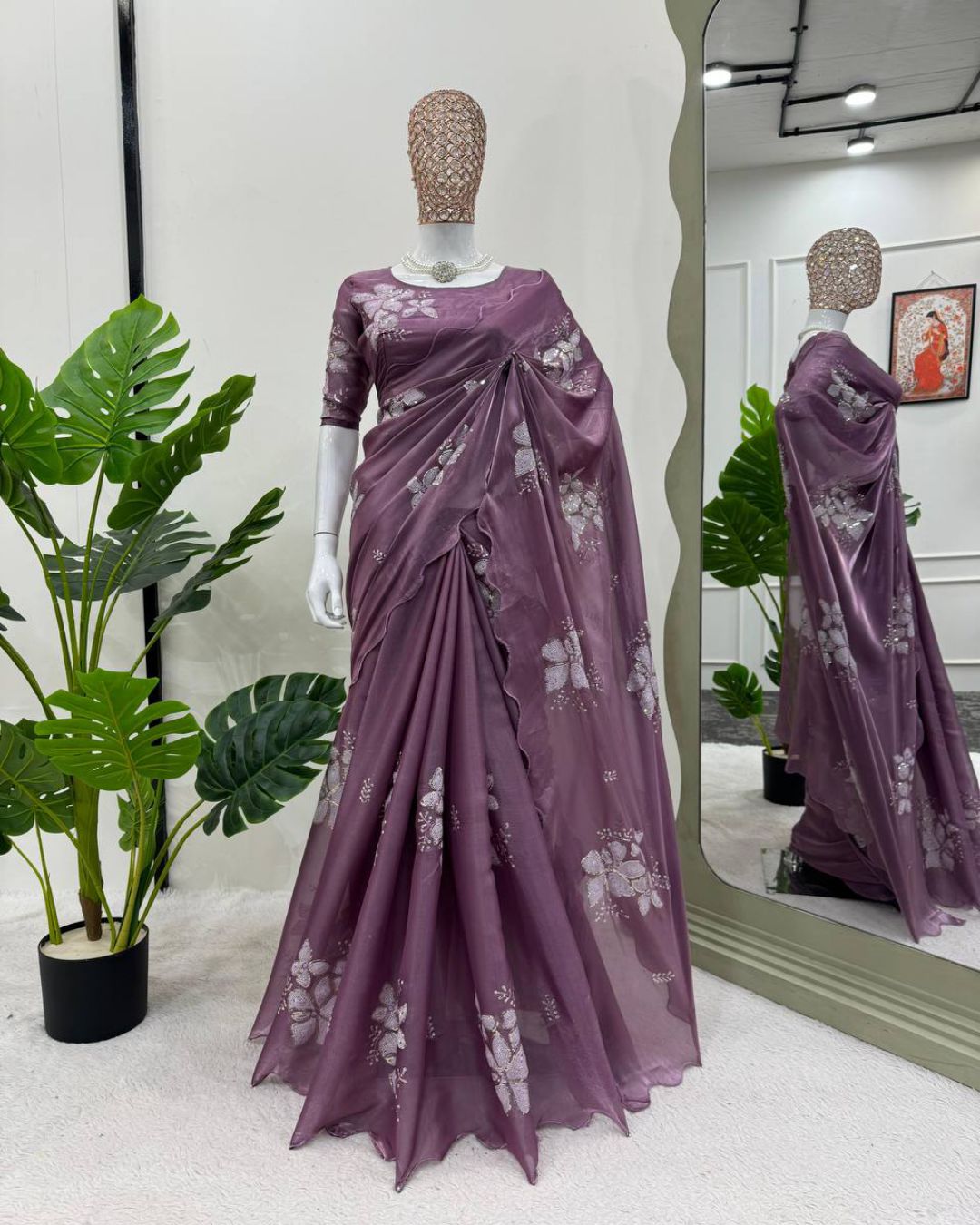 Purple Designer Saree on Jimmy chu Febric with Thred & Sequnce work.