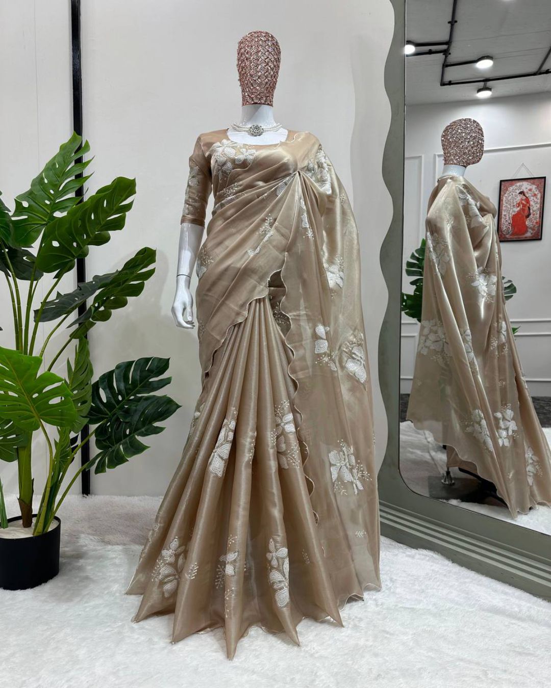 Light Brown Designer Saree on Jimmy chu Febric with Thred & Sequnce work