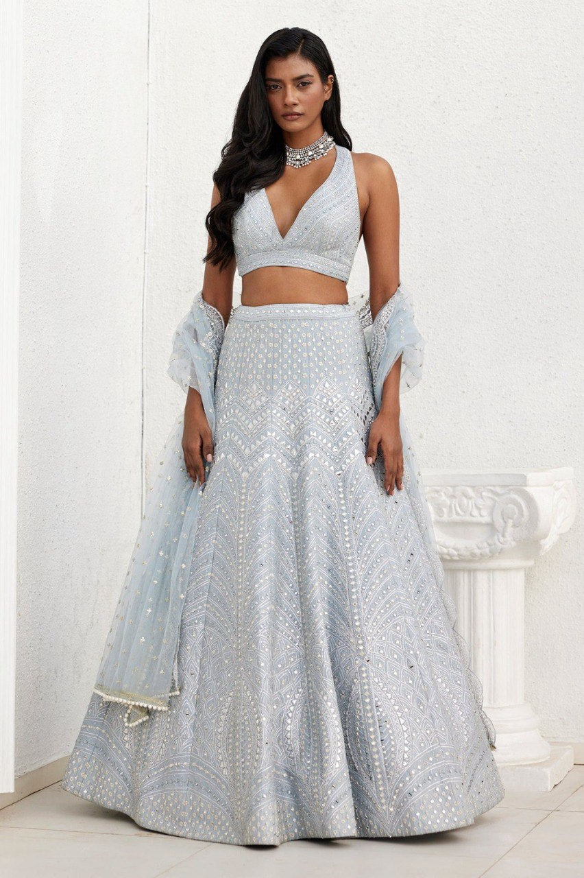 Grey banglori silk embroidery wedding lehenga choli for women