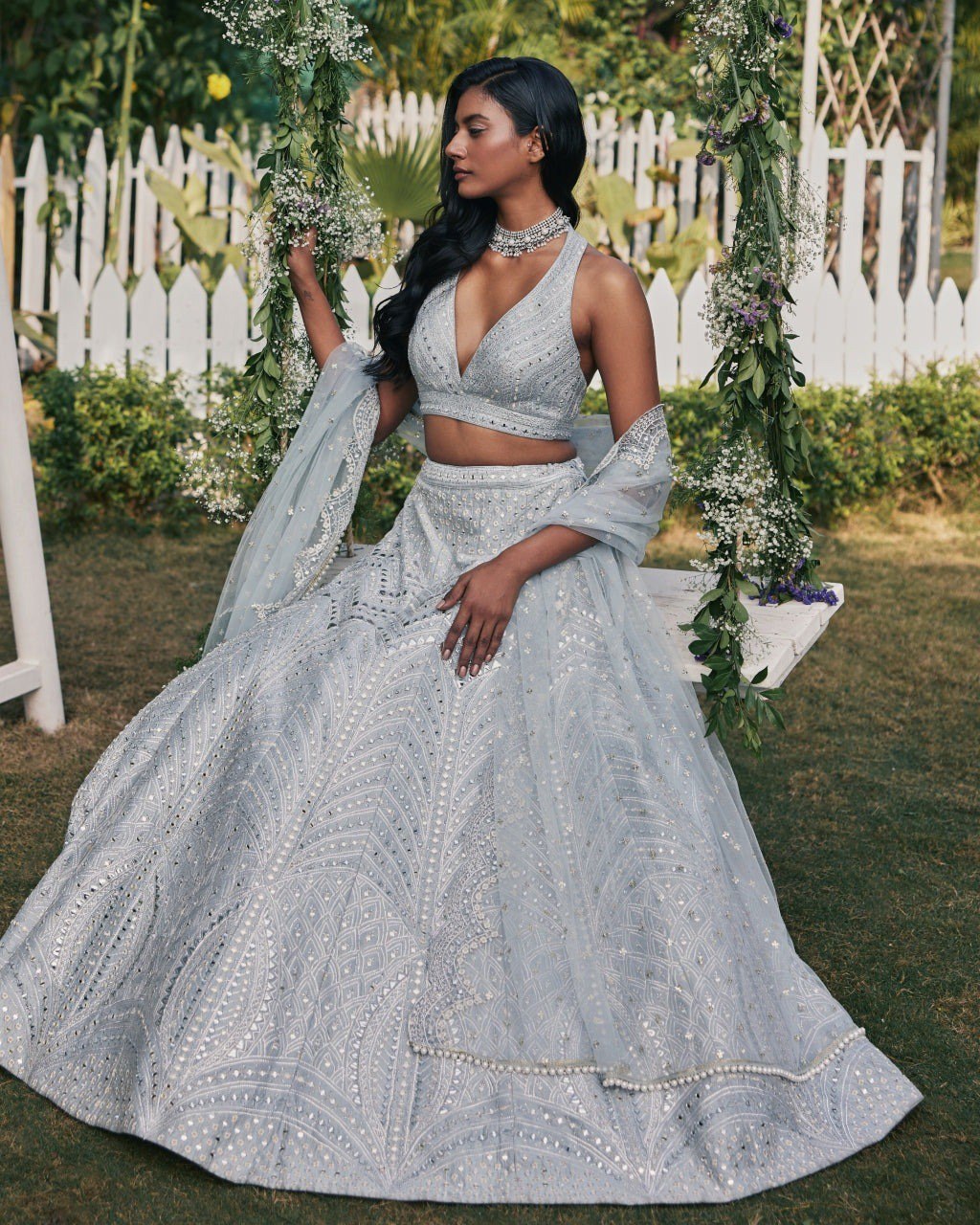 Grey banglori silk embroidery wedding lehenga choli for women