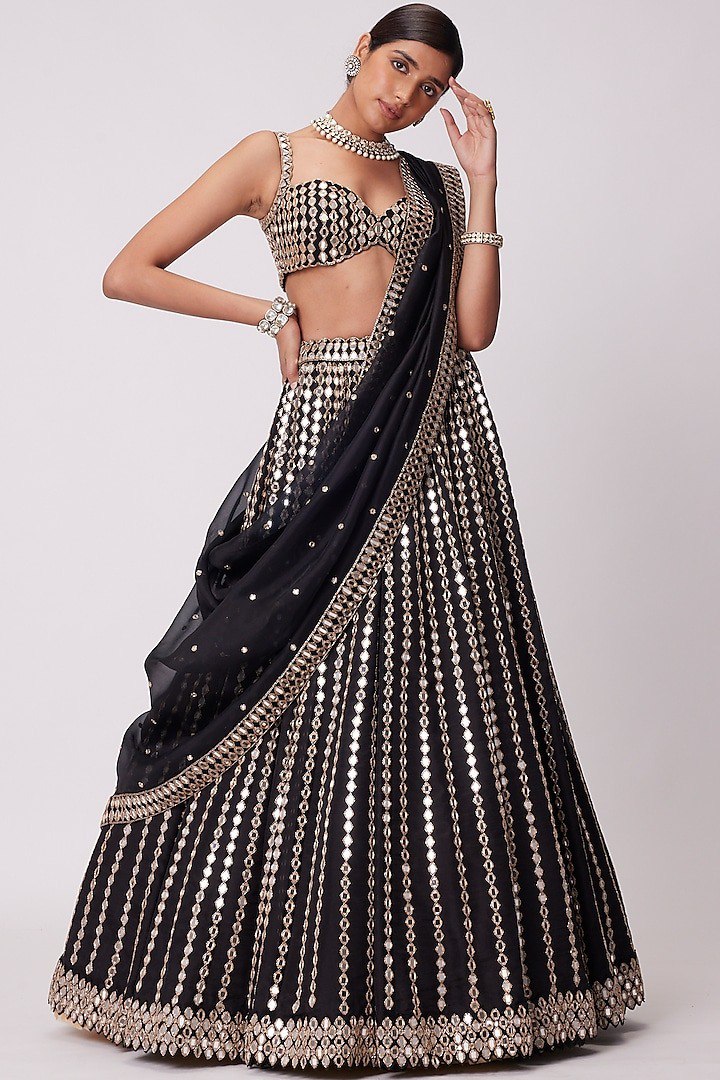 Black organza silk wedding mirror look lehenga choli for women