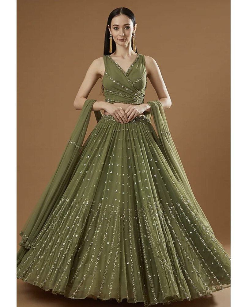 Olive Green georgette cording designer lehenga choli