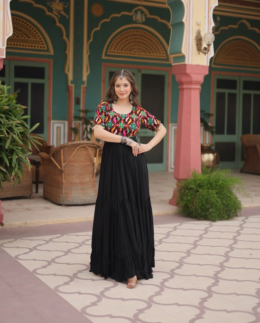 Black Color Blooming Ruffle Style Navratri Gown