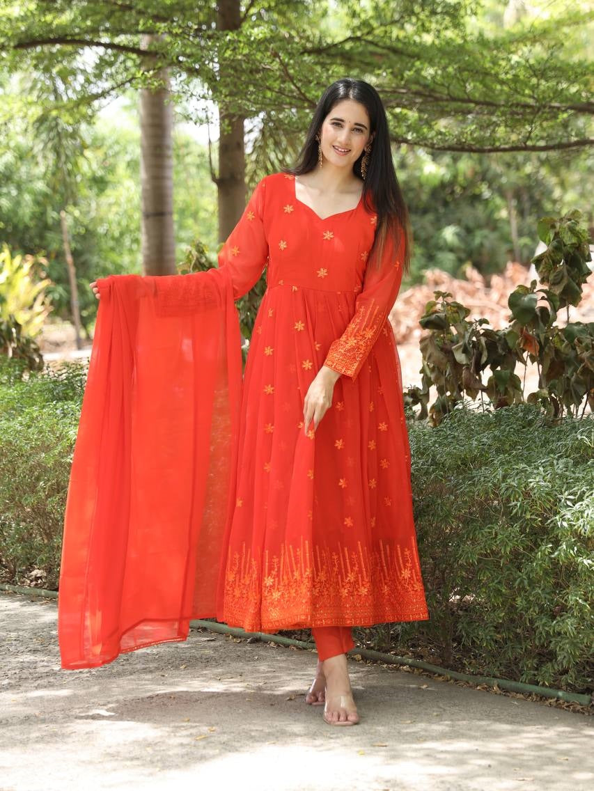 Orange Anarkali Suit Set with Dupatta