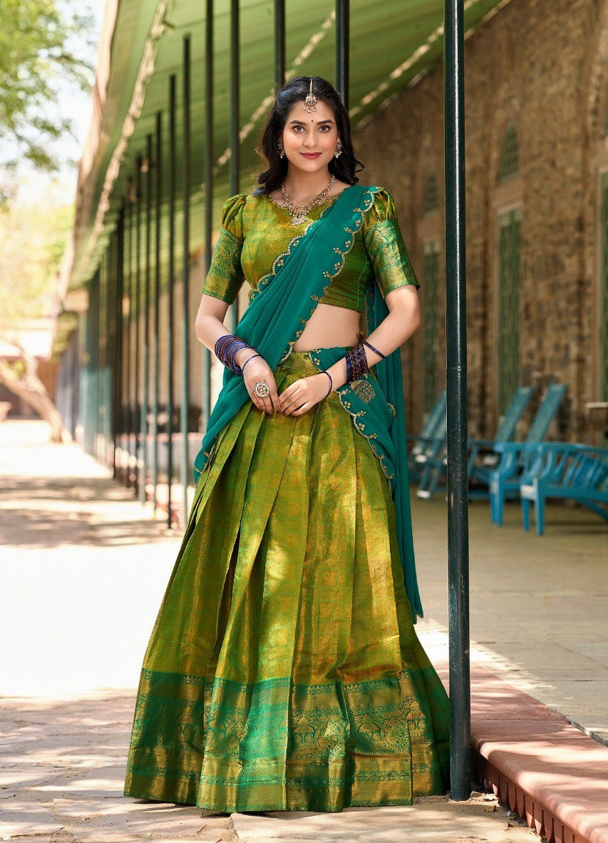 Parrot Green Regal Zari Woven Kanjivaram Lehenga Choli with Sequin Embroidery Dupatta