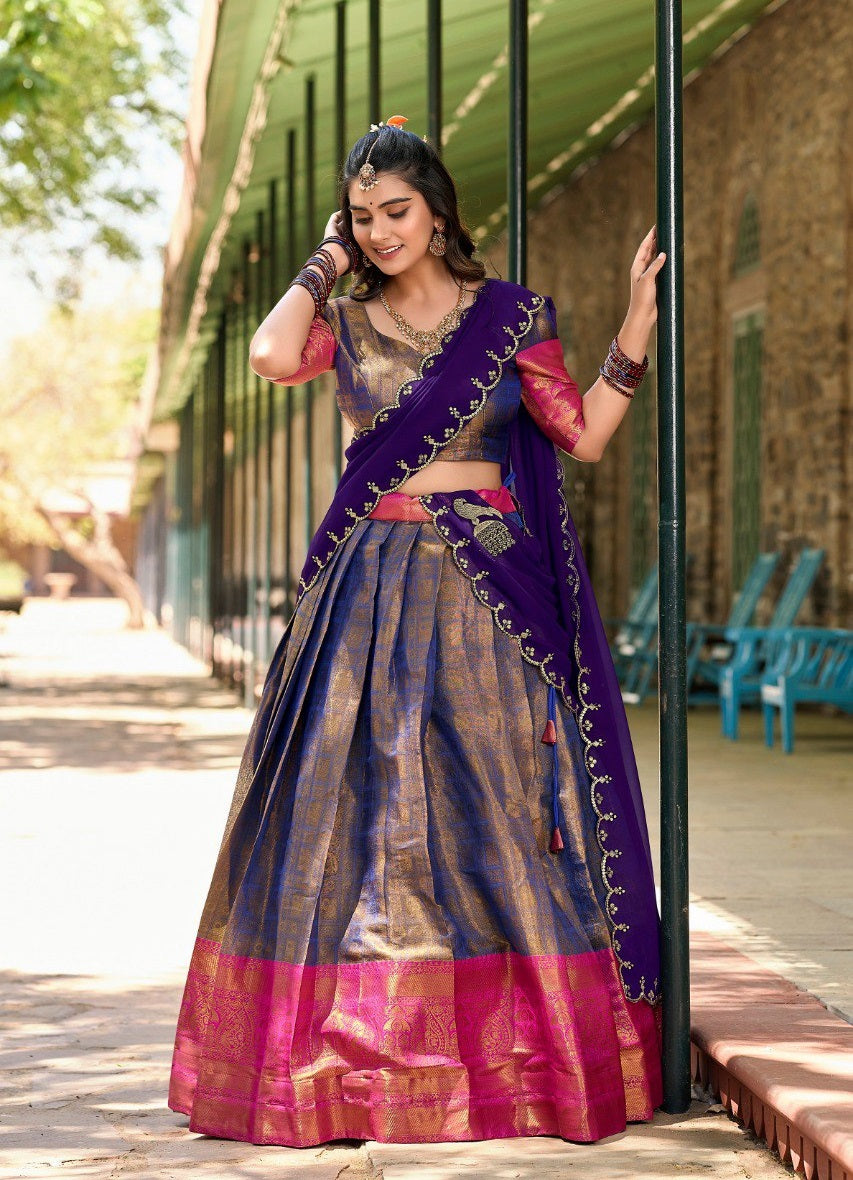 Blue Regal Zari Woven Kanjivaram Lehenga Choli with Sequin Embroidery Dupatta