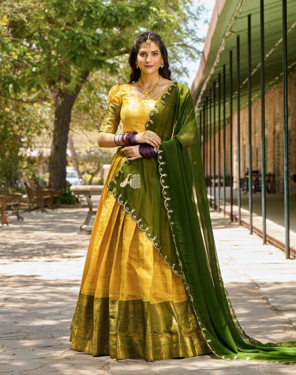 Yellow Regal Zari Woven Kanjivaram Lehenga Choli with Sequin Embroidery Dupatta