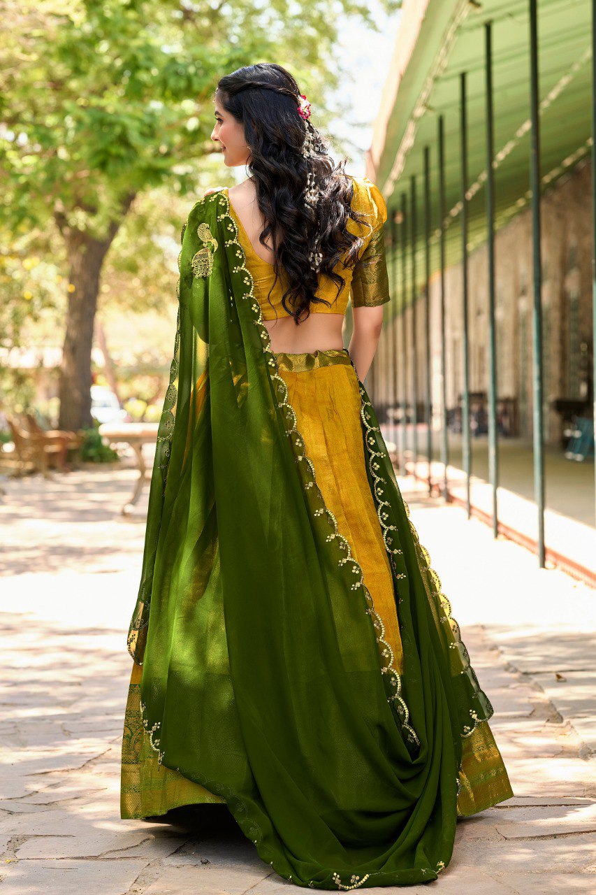 Yellow Regal Zari Woven Kanjivaram Lehenga Choli with Sequin Embroidery Dupatta