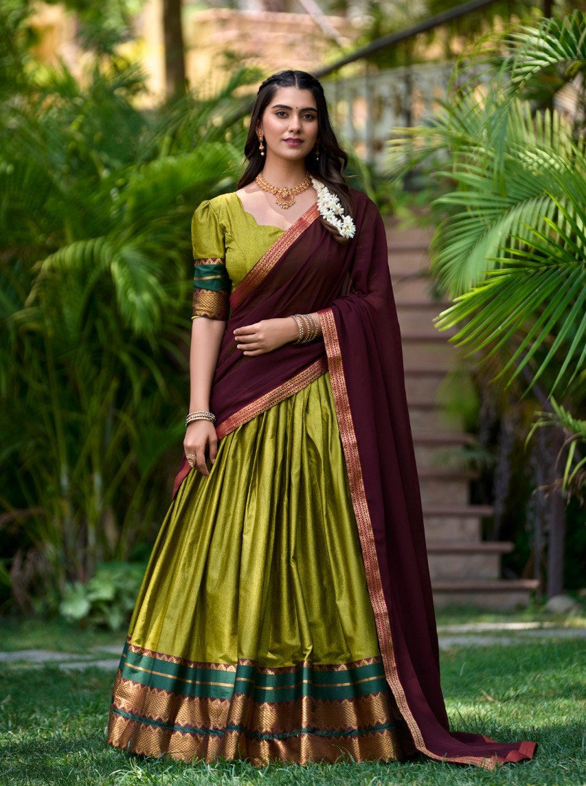 Olive Green Color Zari Weaving Work Cotton South Indian Lehenga Choli