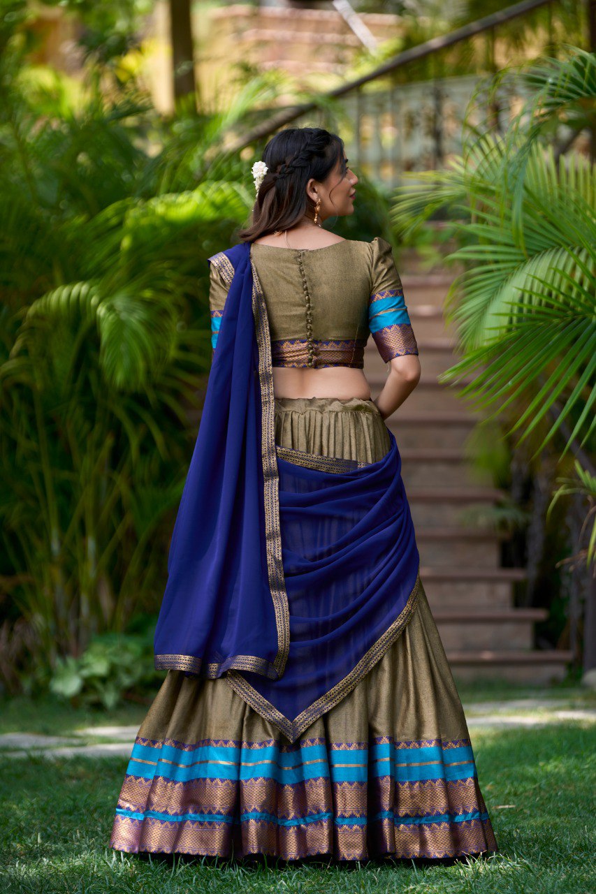 Chiku Color Zari Weaving Work Cotton South Indian Lehenga Choli