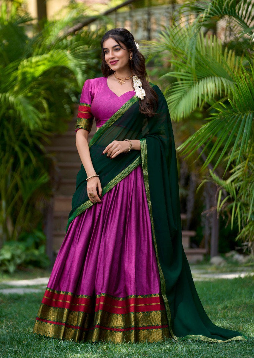 Pink Color Zari Weaving Work Cotton Pattu Lehenga Choli