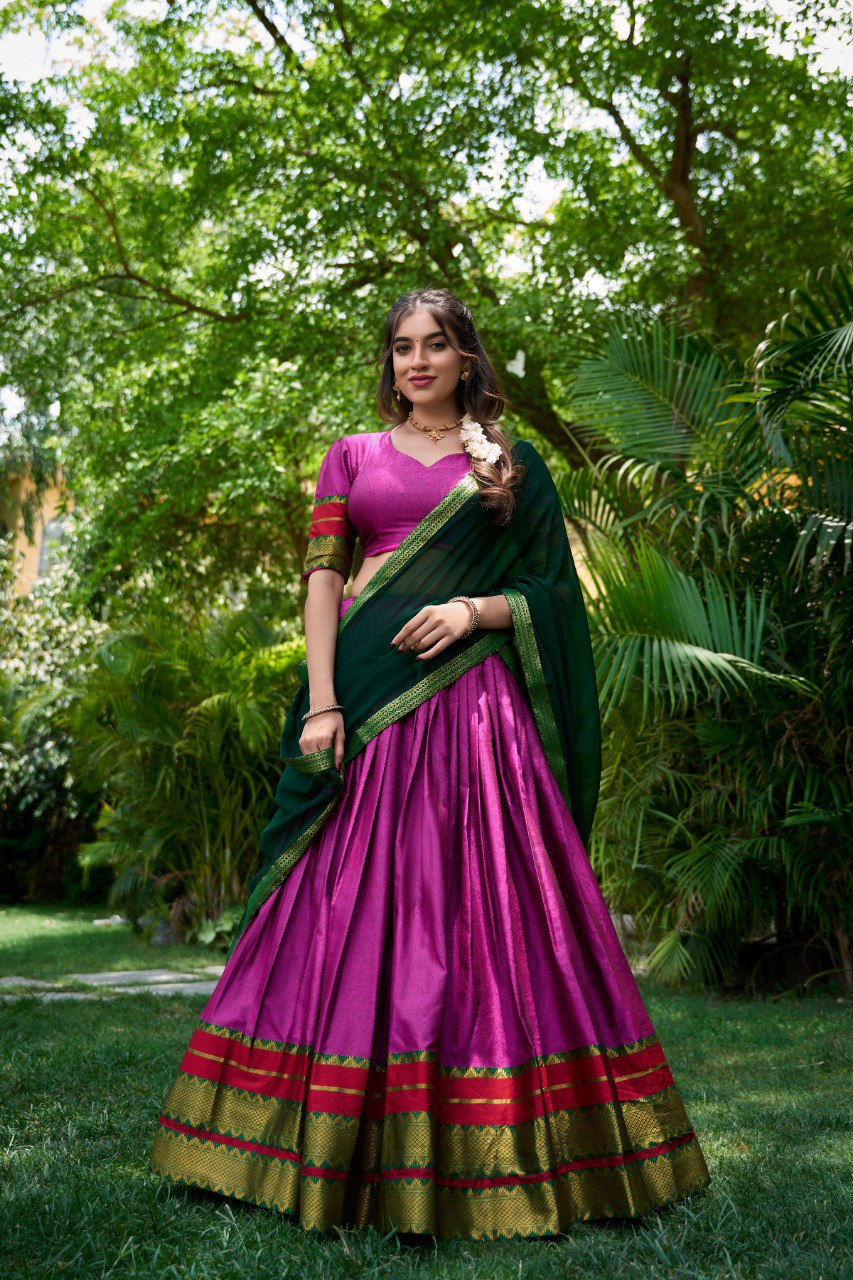 Pink Color Zari Weaving Work Cotton Pattu Lehenga Choli