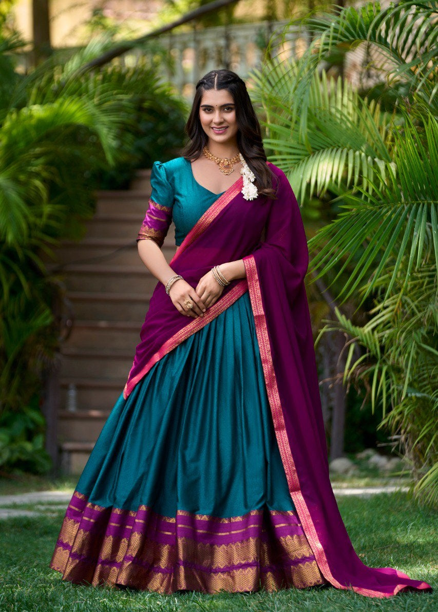 Teal Color Zari Weaving Work Cotton Lehenga Choli