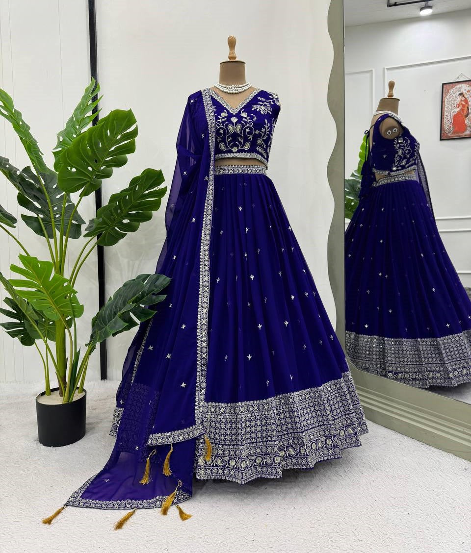 Beauty Blue Fully Flaired Faux Georgette Base Lehenga Choli Set