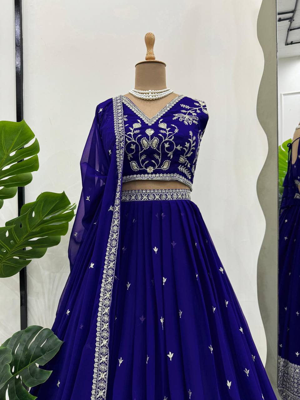 Beauty Blue Fully Flaired Faux Georgette Base Lehenga Choli Set