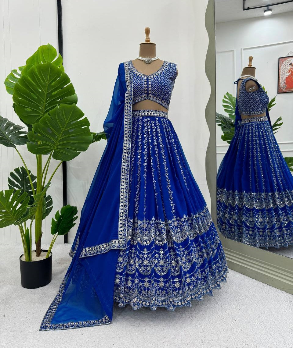 Reception Wear Heavy Work Blue Color Lehenga Choli