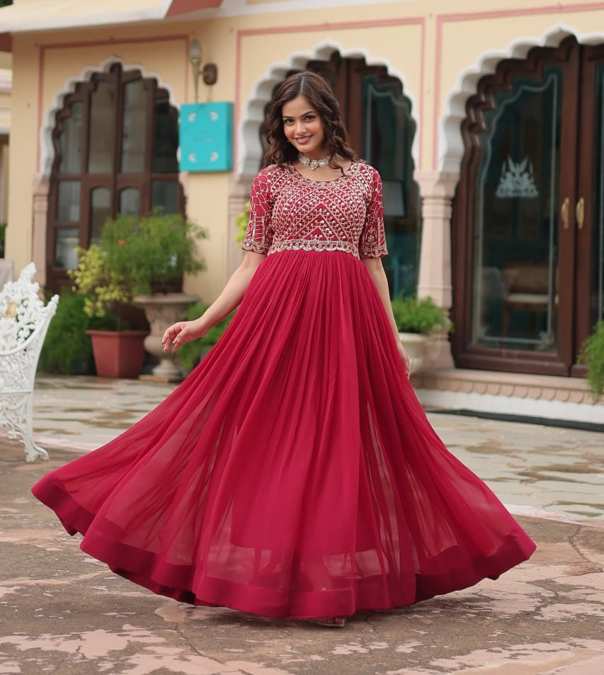 Full flared Georgette base Embroidered Red Gown