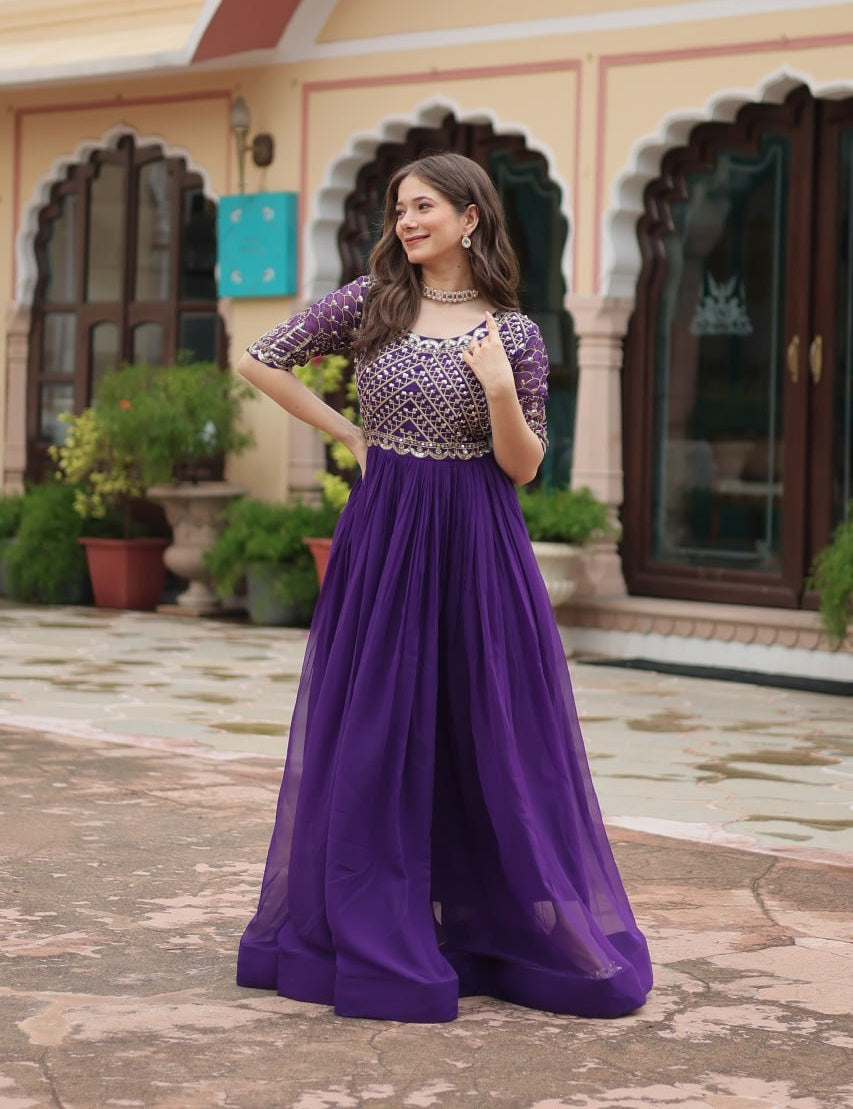 Full flared Georgette base Embroidered Blue Gown