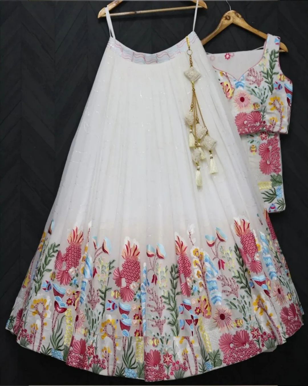 White Floral Multi Color Embroidery Georgette Lehenga Choli