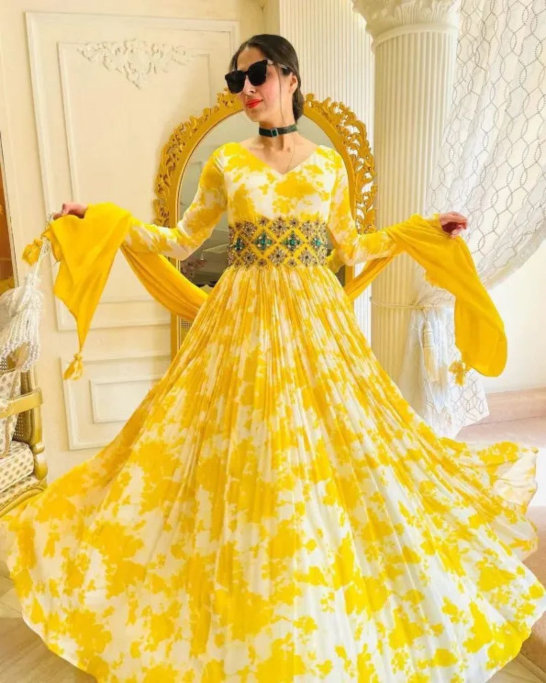 Candy Yellow Faux Georgette Base Digital Printed Party Wear Gown