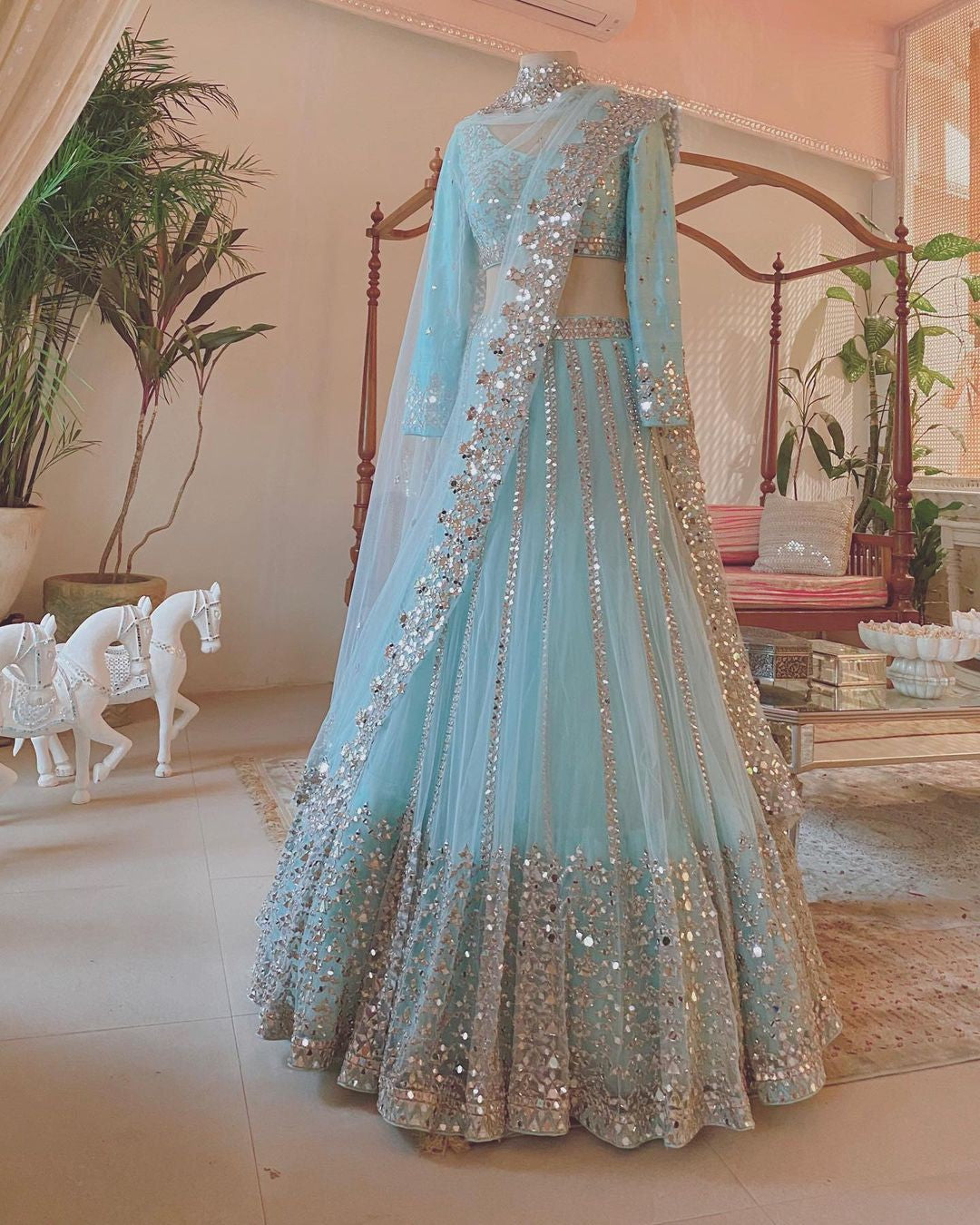 Exquisite Sky Blue Color Soft Net Base Flared Lehenga Choli