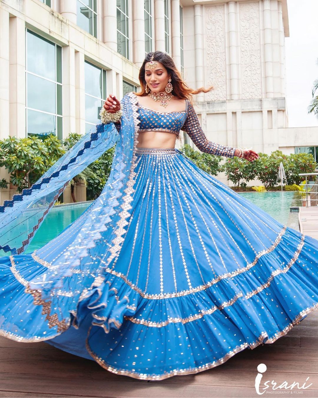 Blue Color Sequence Work Partywear Ruffle Lehenga Choli