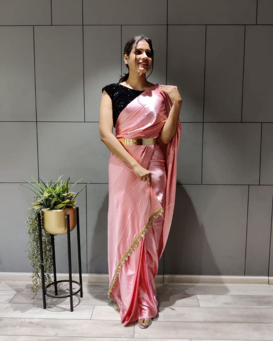 Glowing Baby Pink Color Satin Silk Fabric Base Pre Stitched Saree