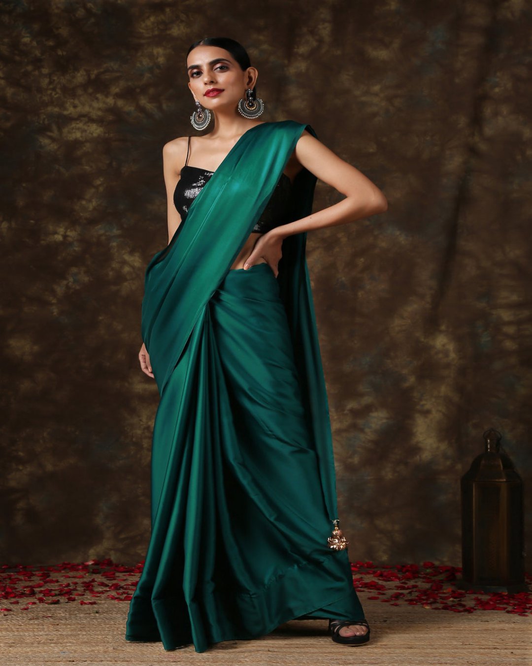 Rich Emerald Green Satin Ready To Wear Saree