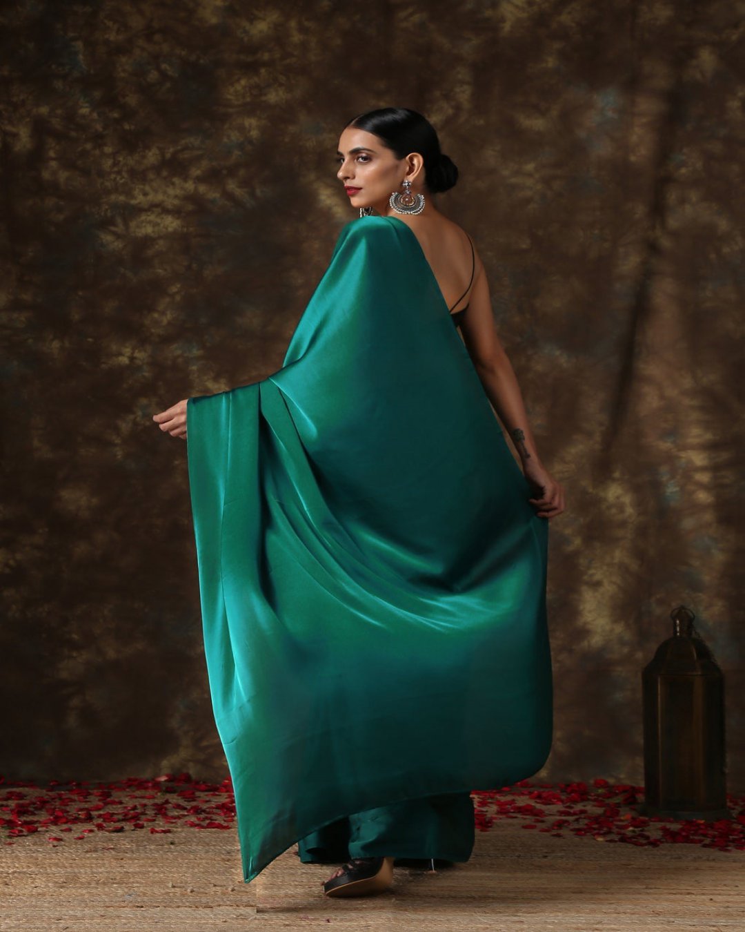 Rich Emerald Green Satin Ready To Wear Saree